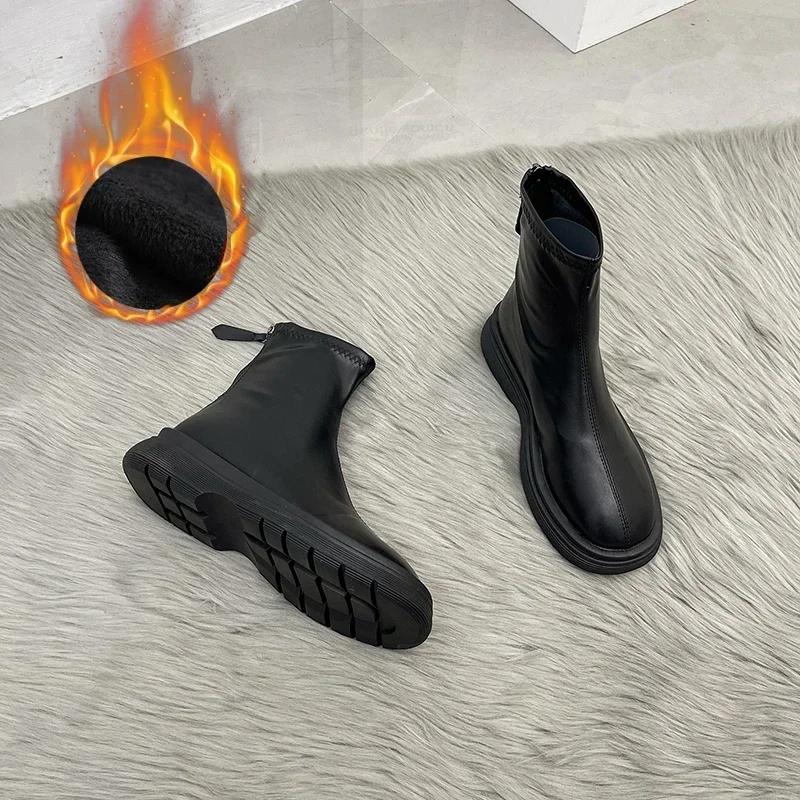 Fashion 2024 Women Long Boots Thick Sole Ladies Zipper Knight Flats Heel Boots Fashion Knee-high Boots Keep Warm Plush Winter Shoes