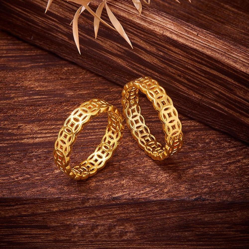 Chinese Style Hollow Coin Rings for Women Couples Simple Gold Plated Money Rings for Wealth and Luck