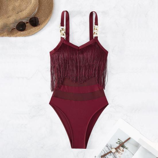 Женский сексуальный монокини слинг без рукавов с кисточками и декором купальник с сеткой, с открытой спиной, цельный бикини