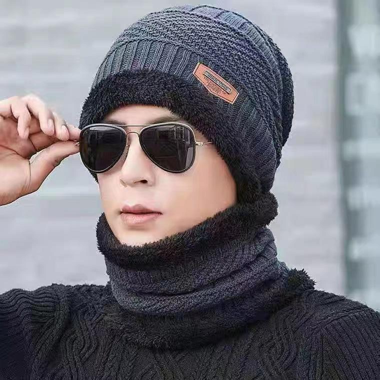 Men's Autumn Winter Warm Two-piece Hat and Neck Warmer Set Outdoor Cold-proof Knitted Woolen Hat and Neckerchief Set for Men