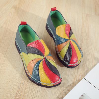 Весенние новые женские туфли на плоской подошве в этническом стиле с цветными блоками из натуральной кожи, женские одинарные туфли повседневного ношения, большого размера, популярная обувь для мам