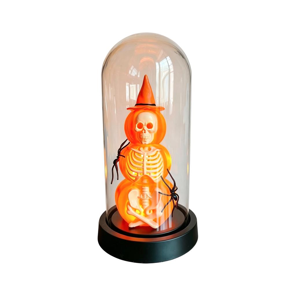 Halloween Skeleton Night Light Glass Pumpkin Lamp with Wooden Base for Bedroom Home Decor Gift
