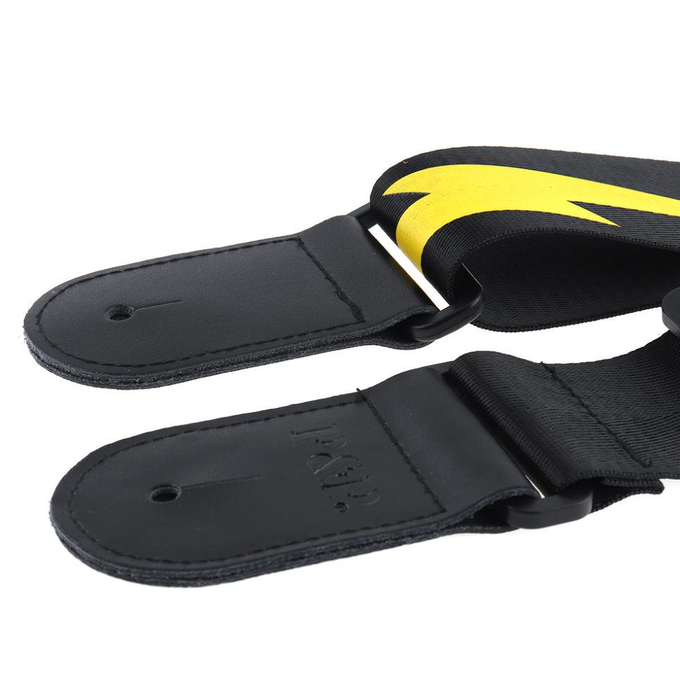 Регулируемый гитарный ремешок с желтым узором молний и головкой из натуральной кожи для акустической бас-гитары