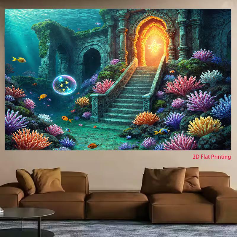 Двумерный Плоский Подводный Фон с Коралловыми Руинами, Фотофон на Морскую Тему