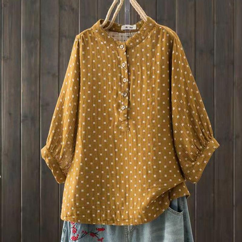Весенняя хлопковая пряжа ретро рубашка женская стойка воротник принт блузка девушка короткий рукав повседневный модный топ лето