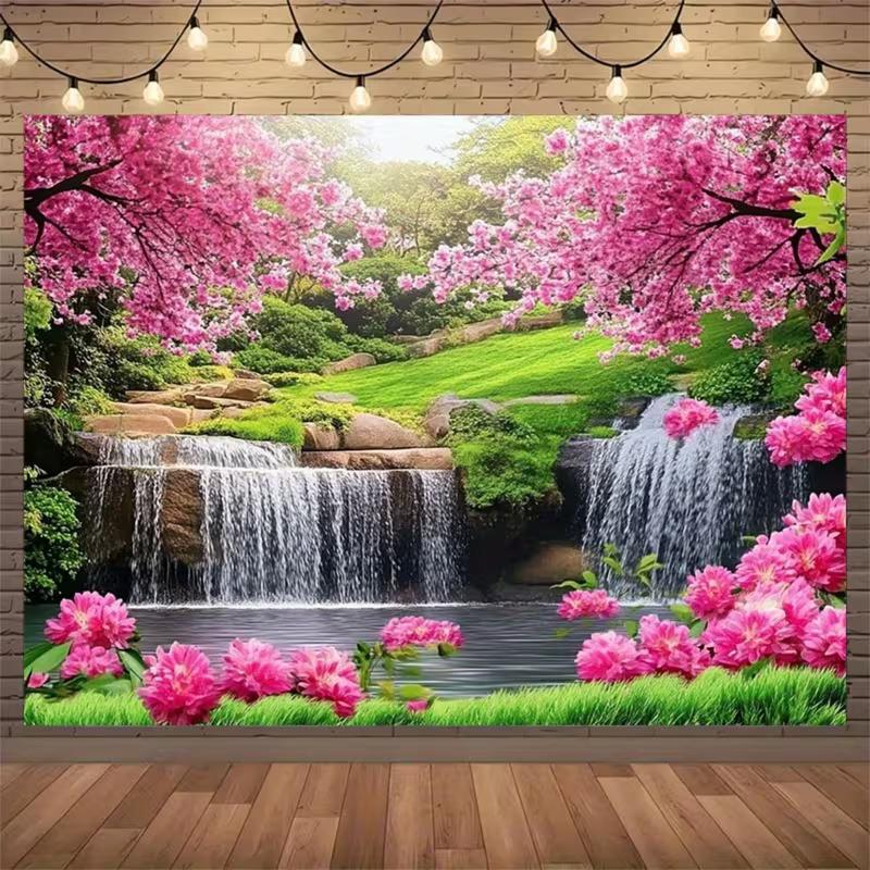 2D Vibrant Pink Flower Waterfall Backdrop for Studio & Party Decoration