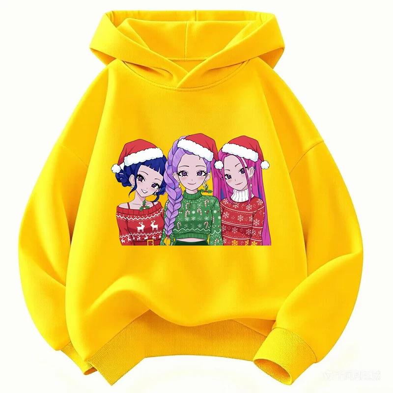 Vibrant Christmas Anime Girls Print Kids Hooded Pullover, Santa Hat Front Decor, Soft Warm Hoodie, Daily Top For Family Gatherings And Outdoor Trips