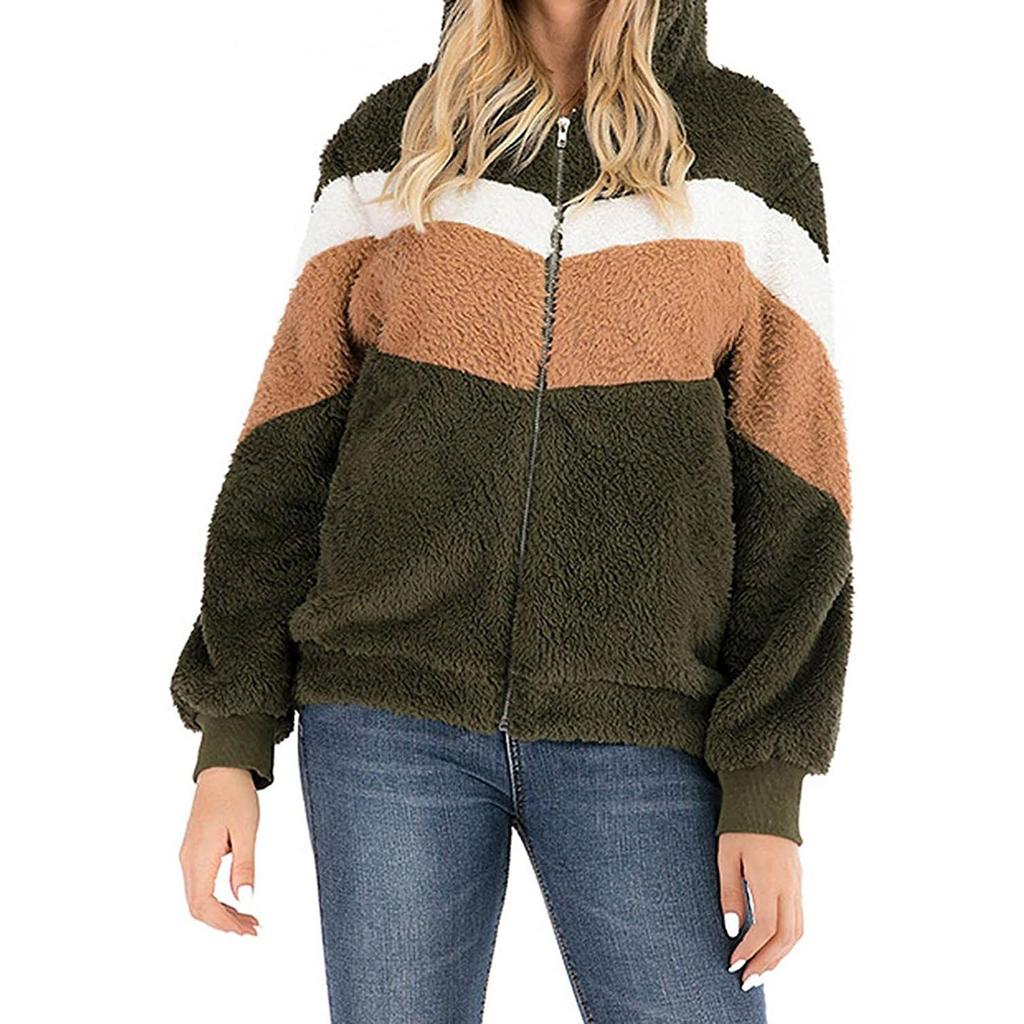 Женская свободная куртка с капюшоном из толстого плюша на молнии в стиле пэчворк на осень и зиму