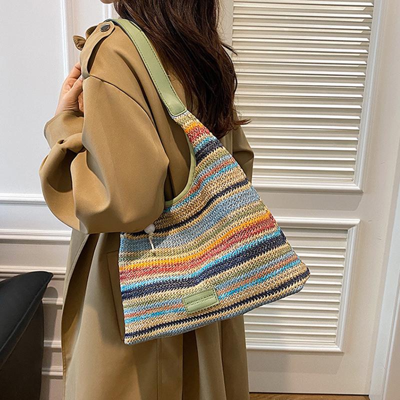Chic Striped Woven Shoulder Bag for Girls Women Large Capacity Summer Beach Straw Tote Bag for Everyday & Vacation Use KTY