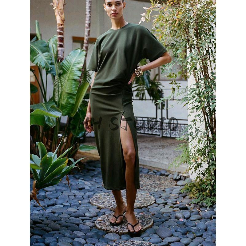 Spring New Women's Clothing Simple European and American Style Long Ruched Midi Skirt Short Sleeve Round Neck Dress 1058153