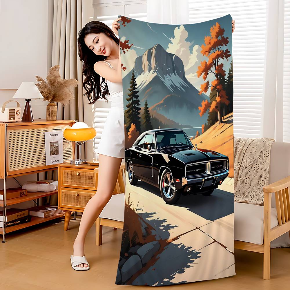 Vintage Pictures Sports Car Pickup Truck Luxury Car Bath Towel Soft Water Absorbing For Girl Kids Decorative Cartoon Beach Towel