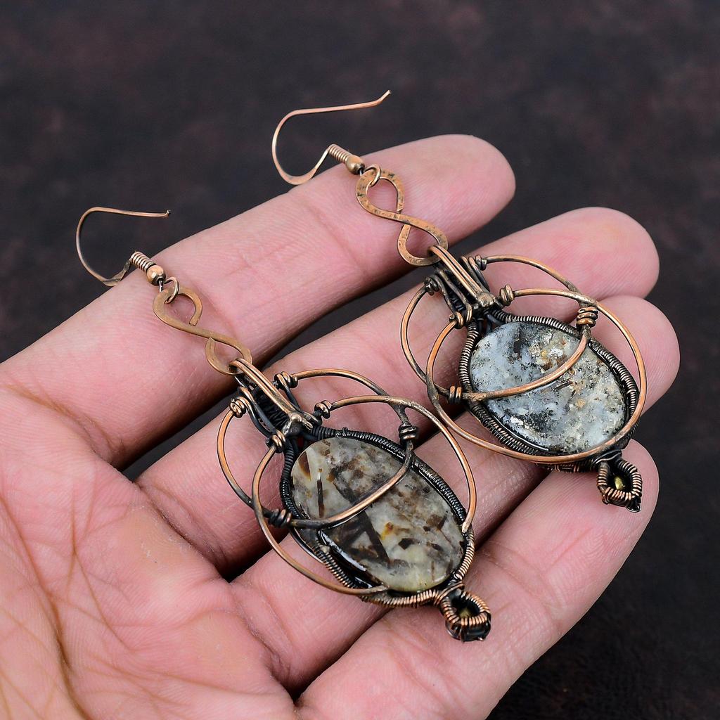 Серьги из астрофиллита, медная проволочная обертка, серьги ручной работы, ювелирные изделия из натуральных драгоценных камней, уникальные серьги, подарок на годовщину, медные украшения