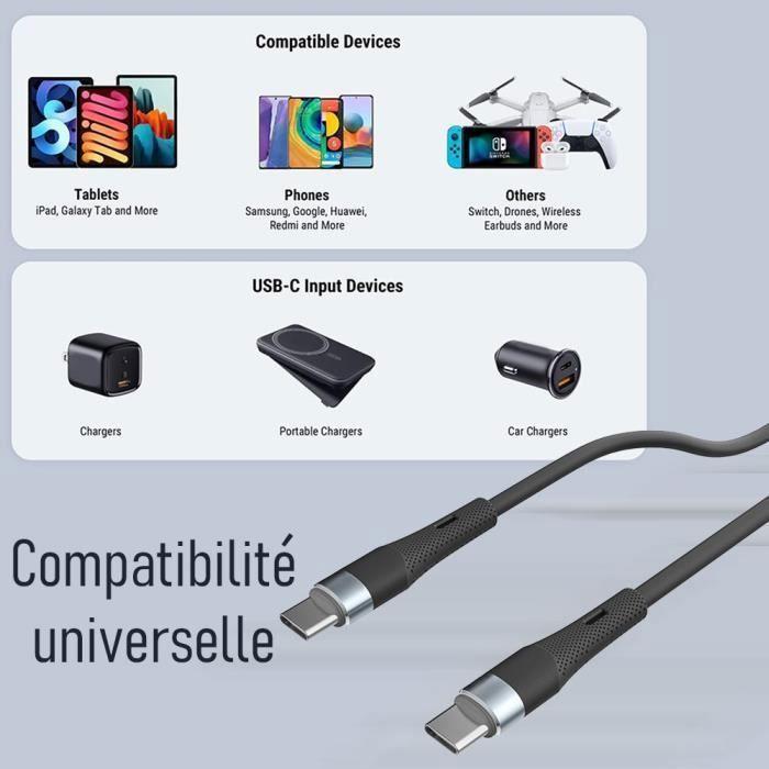 Câble USB-C vers USB-C Charge Rapide 60W pour Samsung Galaxy A16 A15 A14 A13 A25 A35 A55 A53 A05s A36 - Noir 1M
