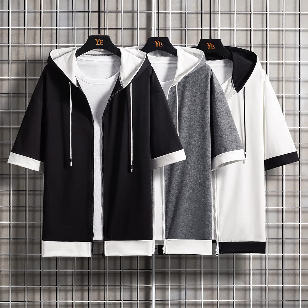 Summer Short Loose Large Zip Big Layered [foveitaa] Men's Clothes, Hoodie, T-shirt, Sleeve, 5/8 Sleeve, Fit, Stylish, Size, Up, Simple, Fashionable,