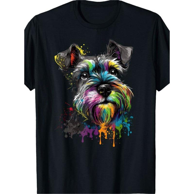Европейские размеры Мужская повседневная футболка оверсайз с коротким рукавом и яркой мордочкой миниатюрного шнауцера | Цветной принт с изображением собаки, Черный, Обычный крой