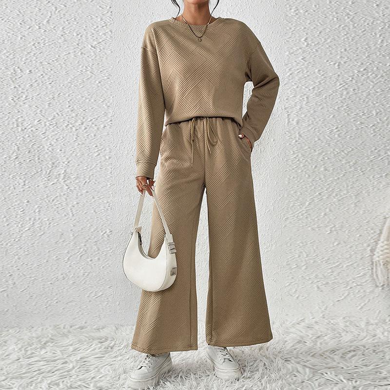 Autumn Women's Pure Color Wide Leg Pants Set Long Sleeved Round Neck Pullover Drawstring Pants Female Suit