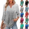 Women's Fashionable Casual Pleated V Neck Solid Color Seven Quarter Sleeve T-shirt Top