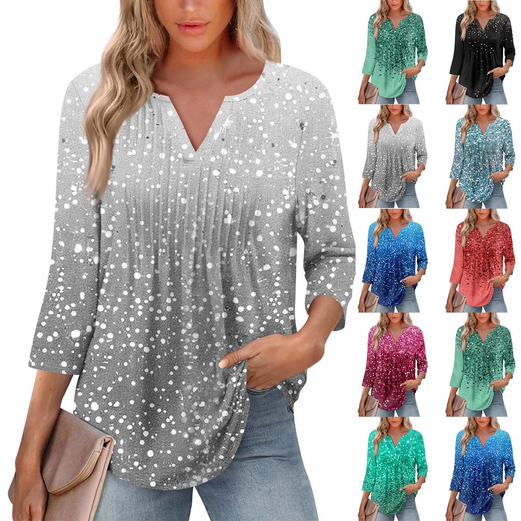 Women's Fashionable Casual Pleated V Neck Solid Color Seven Quarter Sleeve T-shirt Top