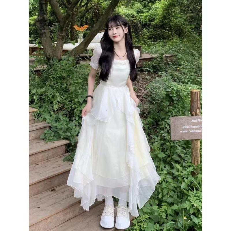 Французское белое платье с короткими рукавами, женское летнее длинное платье премиум-класса с тонкой талией, нежное праздничное платье для отпуска