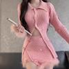 2023 Autumn Pink Knitted Suit Woman Kawaii Elegant Set Korea Fashion Clothing Woman Casual Sweater + Slim Bodycon Y2k Mini Skirt