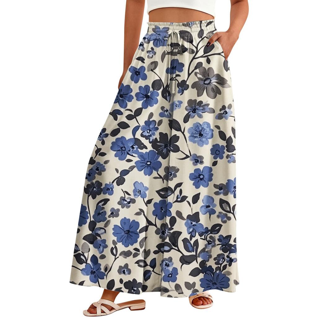 Women's Palazzo Pants Boho Floral Wide Leg Trousers Summer Beach High Waisted Flowy Pants With Pockets