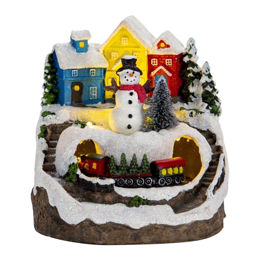 Рождественская деревня из смолы со светодиодными огнями и вращающимся музыкальным поездом, светящийся музыкальный домик, рождественский светящийся орнамент из смолы