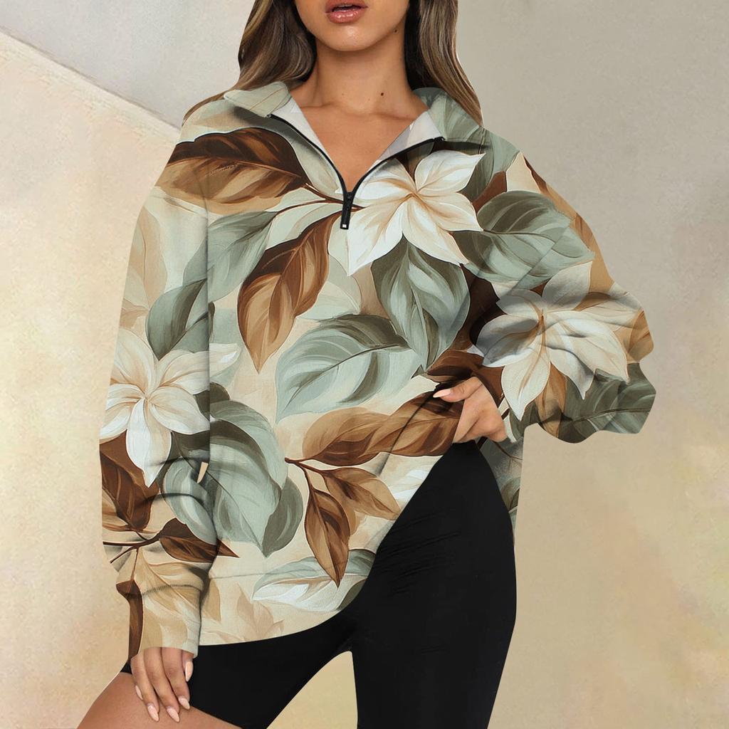 Женская мода повседневная толстовка с длинным рукавом и принтом на молнии с высоким воротом и заниженными плечами