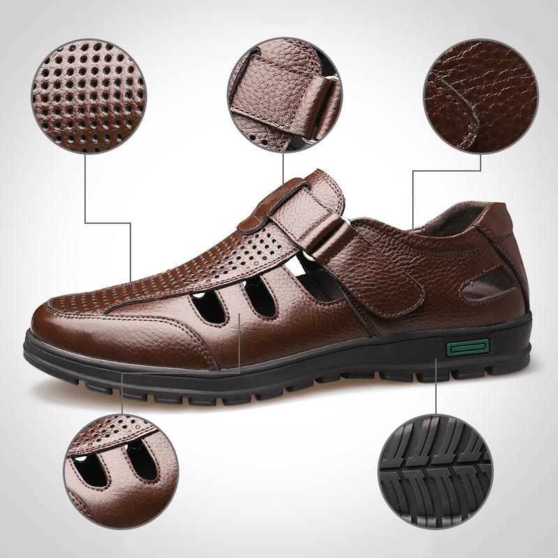 Новые мужские сандалии, крутые дышащие кожаные сандалии с круглым носком, нескользящие