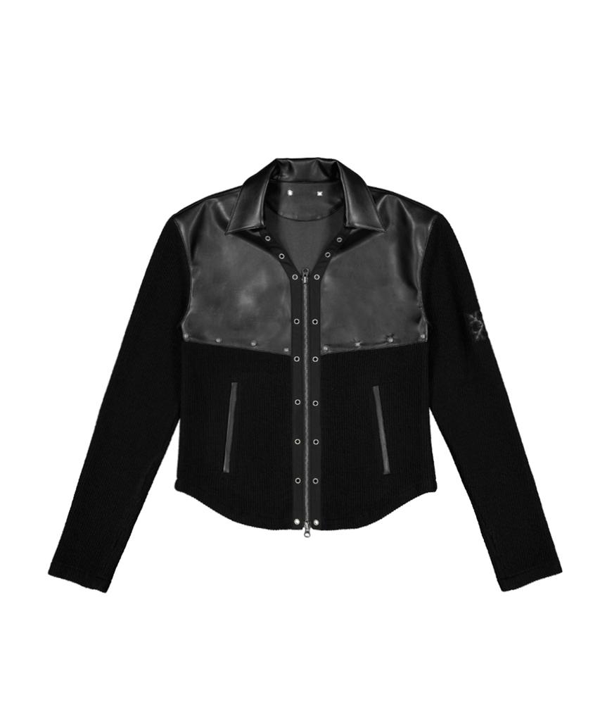 LANARCHIVE [0162] Cross Leather Collar Zip-Up Jacket - Black