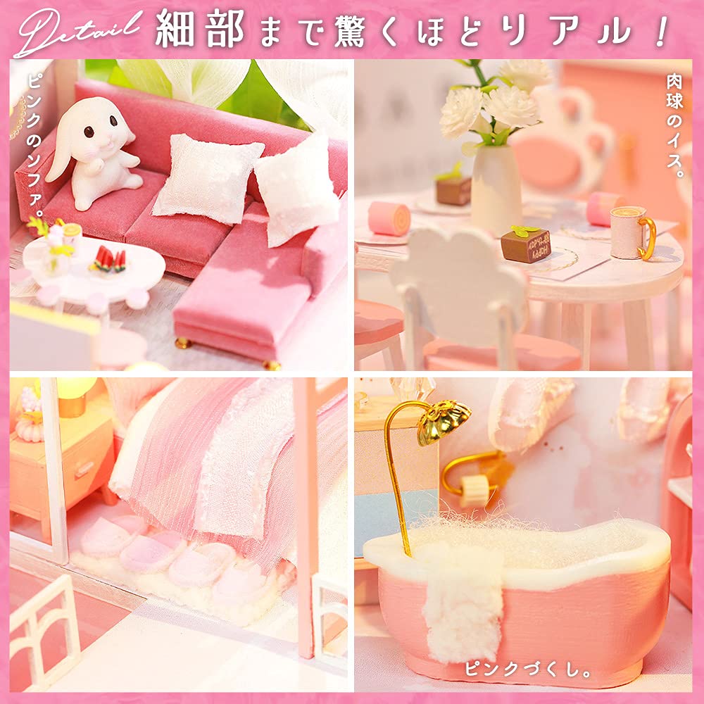 Moin Moin Scale Dollhouse Miniature DIY Kit English Manual Cat Paw Pink Modern House with LED Light Acrylic Case Figure 2108DH280 1/24 Two-Story