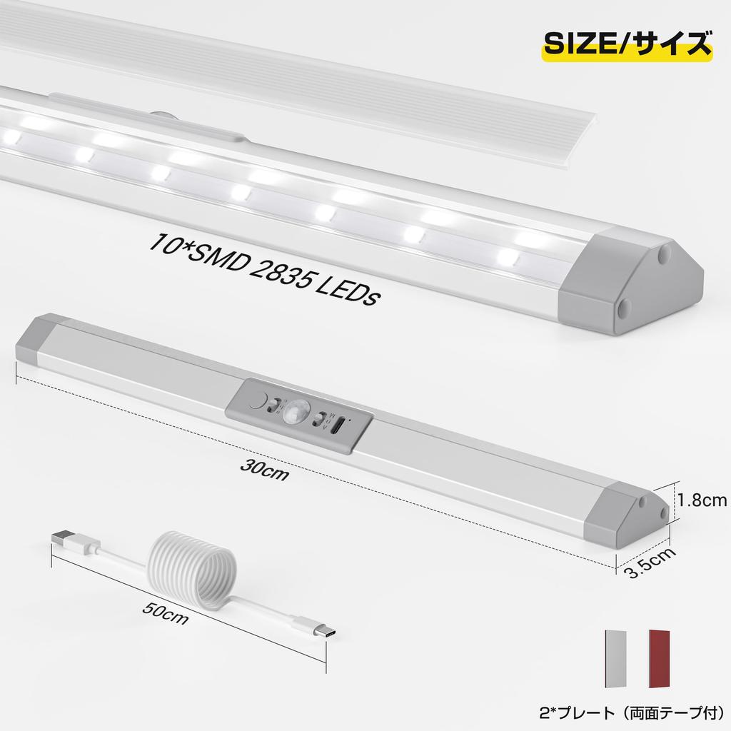 Wobane Motion Sensor Light, Indoor, Type-C Rechargeable, Dimmable, Color Adjustable, Memory Function, 31cm, Closet Lighting, Eye-Friendly, Footlight,