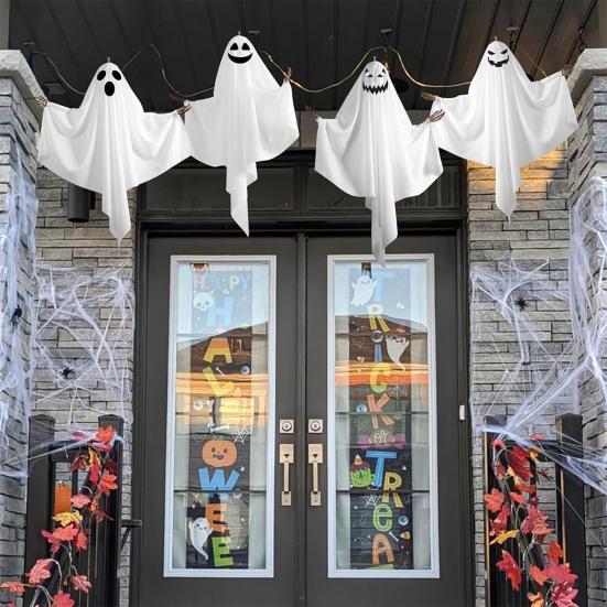4Pcs Halloween Horror Ghost Hanging Decorations with Skeleton Hands Thriller Expressions Creepy Yard Ornaments for Front Porch And Tree