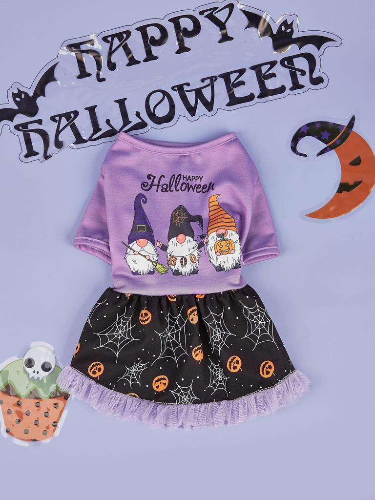 Halloween Pet Dress with Gnome Print, Pumpkin Patterns & Tulle Skirt, Orange and Purple Options for Small Dogs Halloween Parties