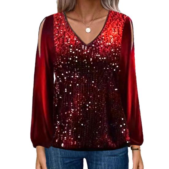 Осень-весна женский топ с длинным рукавом-фонариком и блестками свободный лоскутный пуловер с v-образным вырезом мягкая дышащая женская однотонная блузка