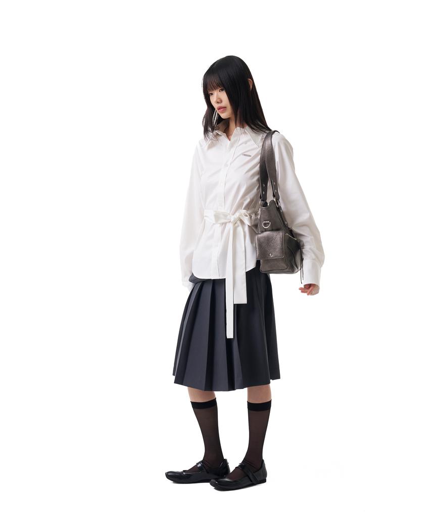 Iuga Makaras Belted Bag Pleats Midi Skirt (Dark Gray)
