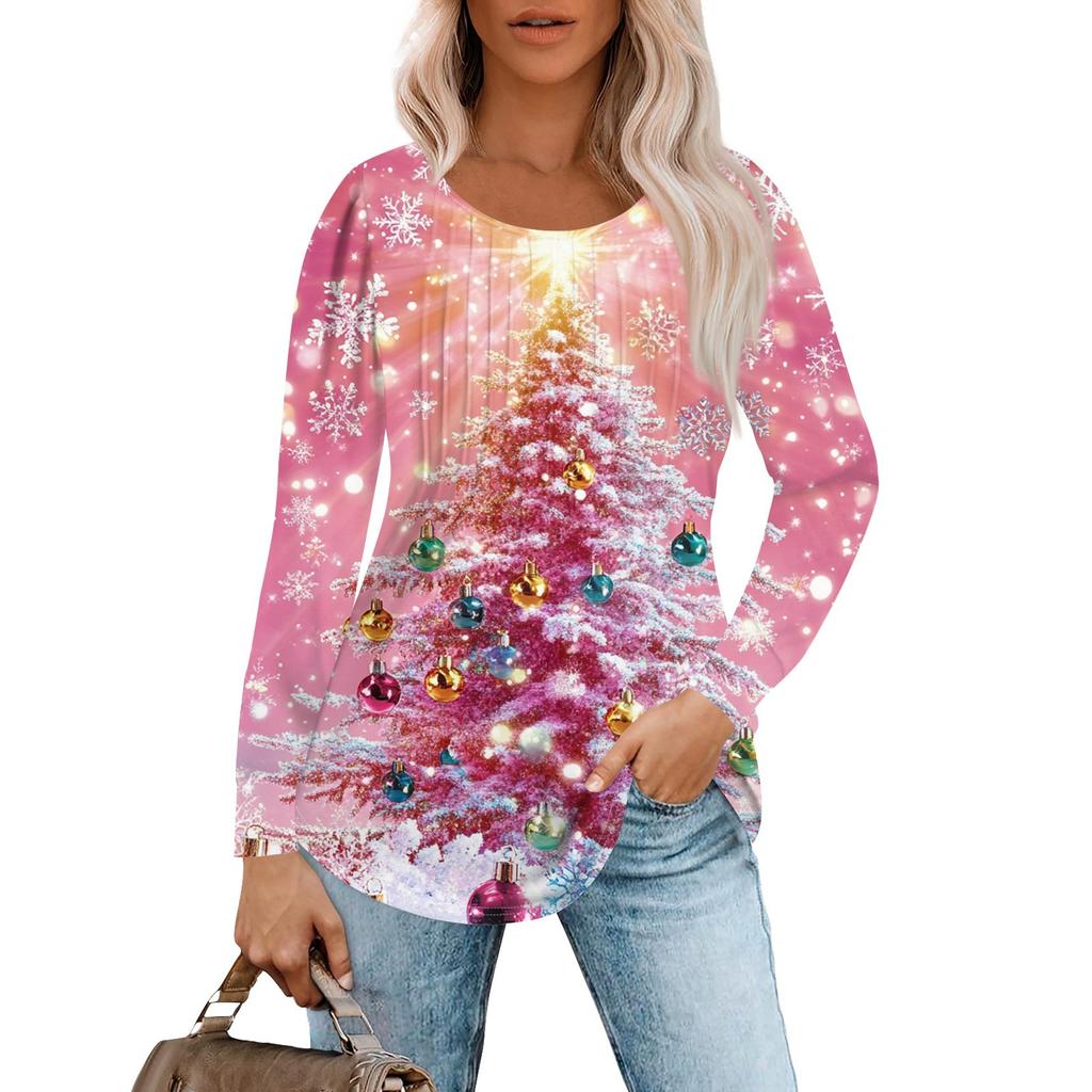 Women's Casual Top Christmas Printed Round Neck Long Sleeved Pleated T-shirt