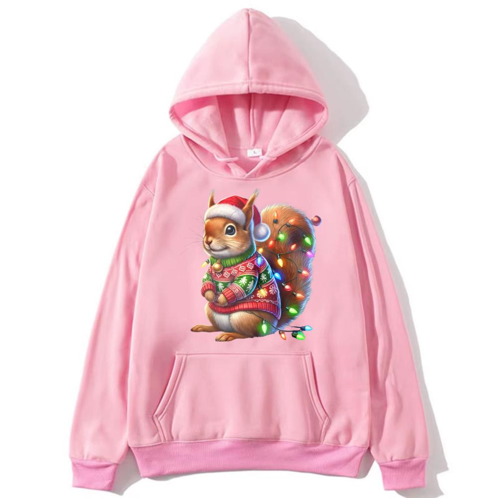 Christmas Squirrel Drop Shoulder Sweatshirt Festive Sweater Santa Hat Fashion Long Sleev Pullovers Vintage Cute Holiday Hooded