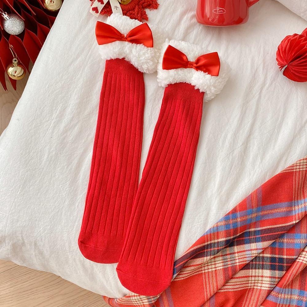 Personality Children Red Socks Breathable Bow Middle Tube Socks New Female Hosiery Christmas