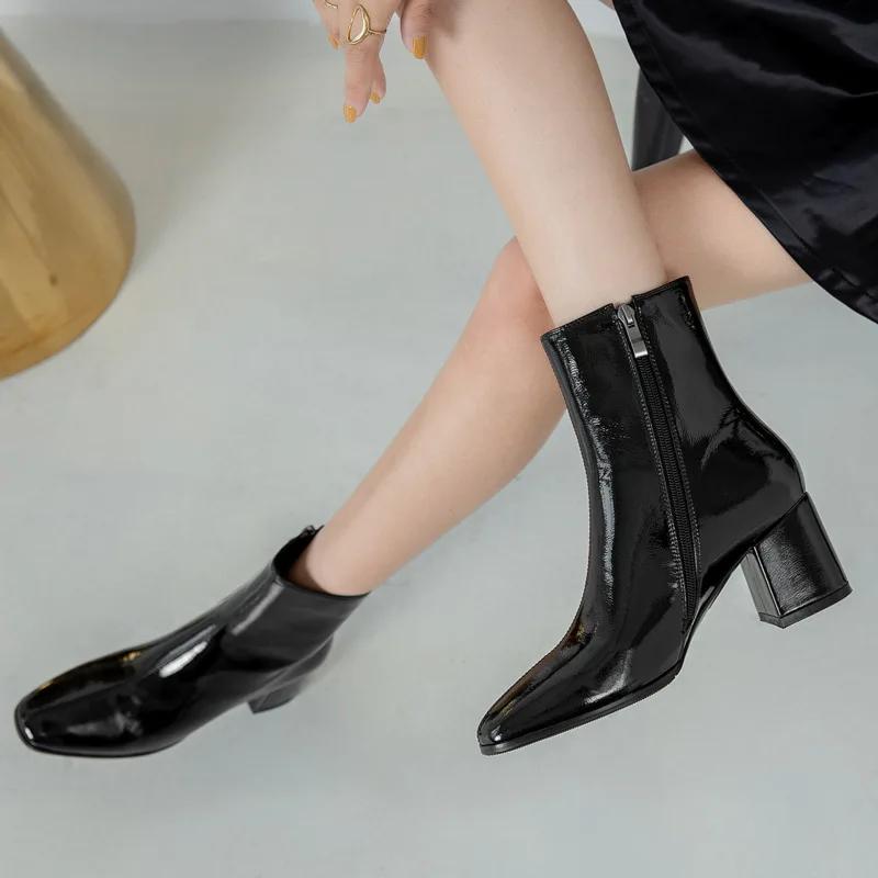 Осенняя женская мода квадратные туфли на высоком каблуке Zapatos De Mujer белые лакированные туфли из кожи ботильоны черные женские на молнии