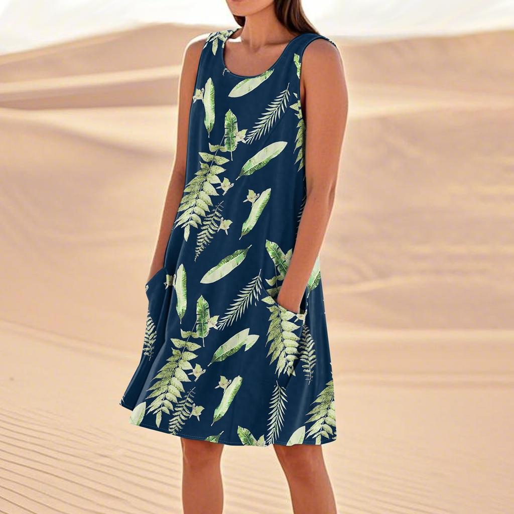 Летние платья для женщин, свободные пляжные повседневные сарафаны без рукавов с карманами, платье-майка