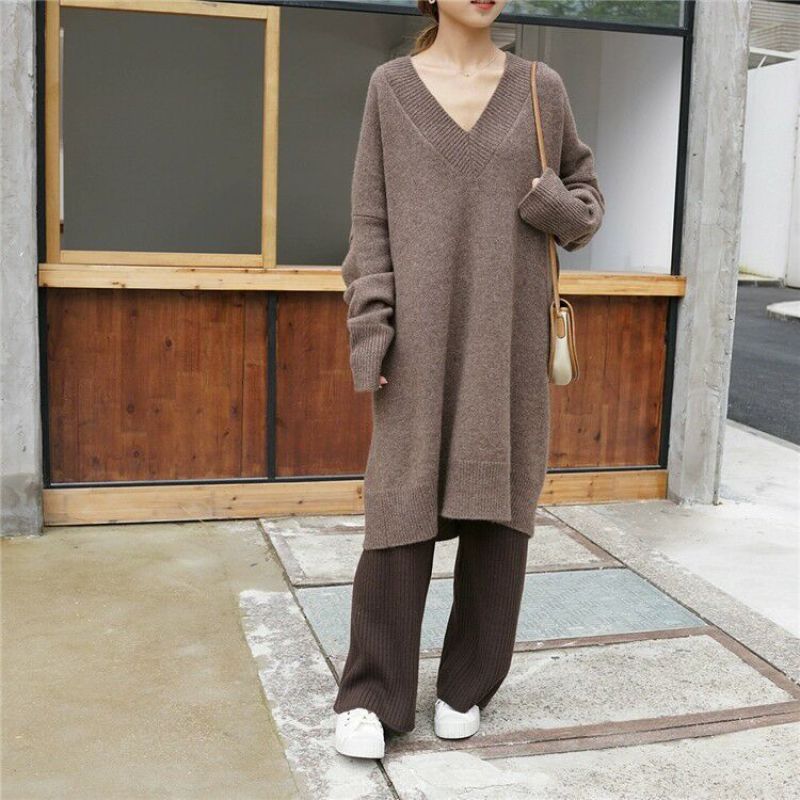 Tooxika Women's Autumn And Winter New Sweater V-neck Knitted Sweater Loose Large Size Solid Color Medium And Long Sweater For Women