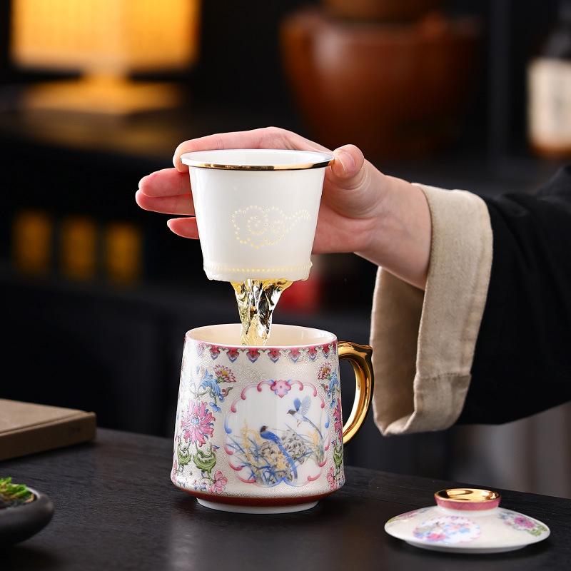 Продукция Эмалированные офисные чашки высокого класса, чайные чашки, кофейные чашки, персональные специальные керамические чашки для разделения чая и воды с крышкой, фильтр-чашки