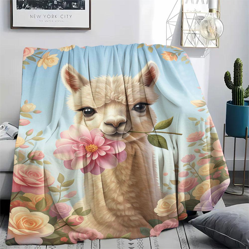 1Pc Cuteflowersanimals Print Flannel Blanket, High quality Comfortable for All Seasons, Home Decor, Warmth and Comfort, Perfect for Christmas Gifts
