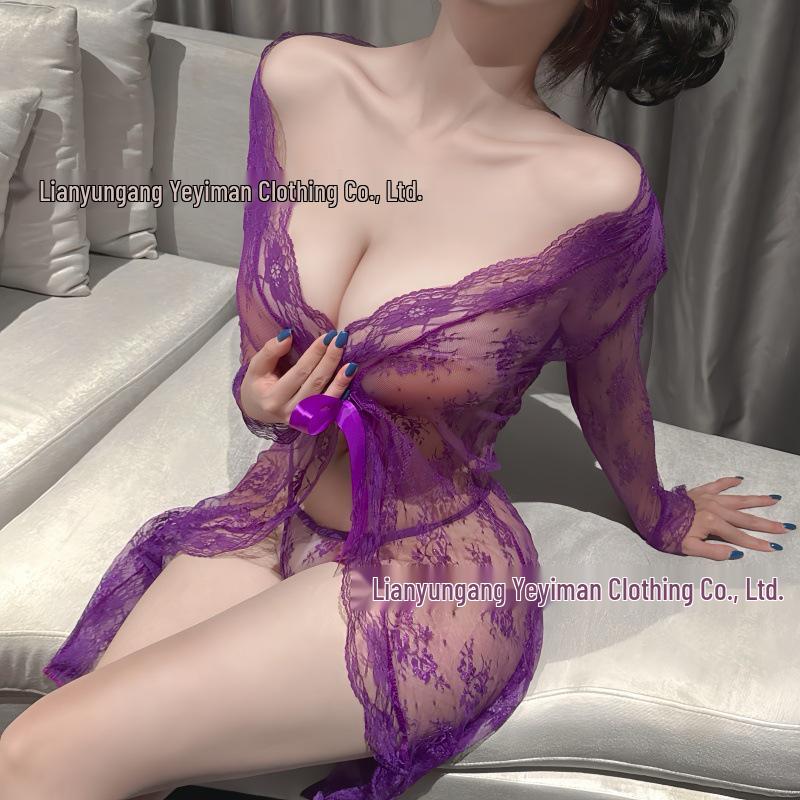 Сексуальное кружевное кимоно больших размеров: Прозрачная ночная сорочка с дизайном длинного платья