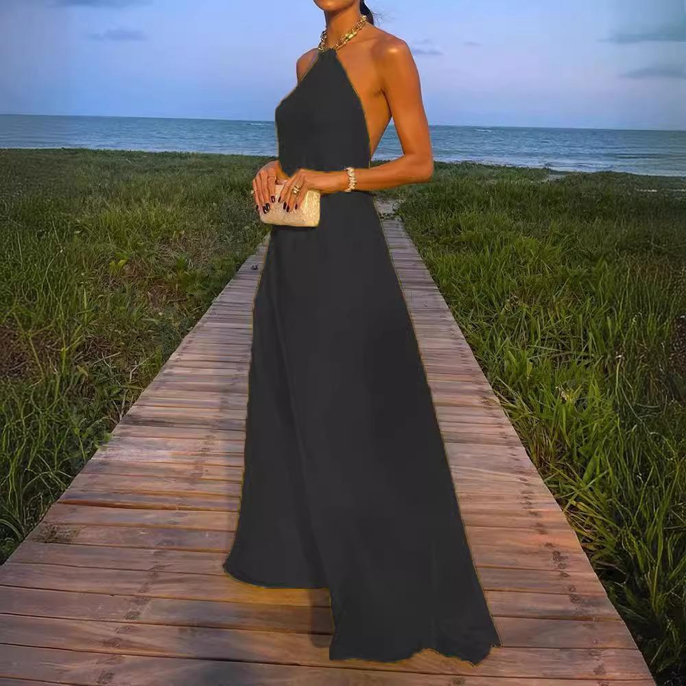 IHUASU Летнее сексуальное однотонное платье с бретелькой на шее, открытой спиной и длиной до пола