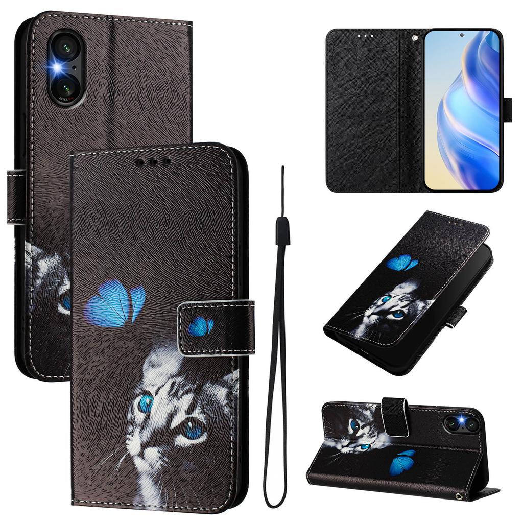 Роскошный кожаный чехол-книжка с рисунком бабочки и кошки для Sony Xperia 5 IV / 10 IV, Xperia 1 V / 5 V / 10 V, Xperia 1 VI, 5 VI, 10 VI.