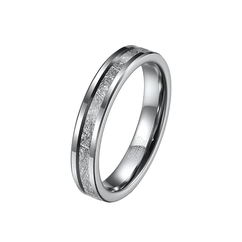 Oakky 4 мм унисекс Вольфрамовая сталь Внутренняя дуга Скошенный край Инкрустация углеродным волокном метеоритом Обручальное кольцо заявление обещание комфортная посадка серебристый размер 21