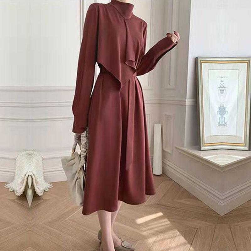 Женское платье с воротником-стойкой и длинным рукавом, тонкое женское платье трапециевидной формы с поясом, M-3XL