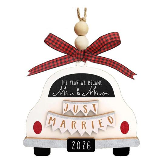 First Christmas Married Ornament Rustic Wooden Car Wedding Ornament with Buffalo Plaid Bow for Couples Bridal Shower Newly Married Wedding Decor
