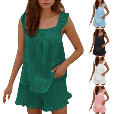 Женская одежда из двух предметов, летняя милая майка без рукавов с рюшами и шортами, комплекты домашней одежды